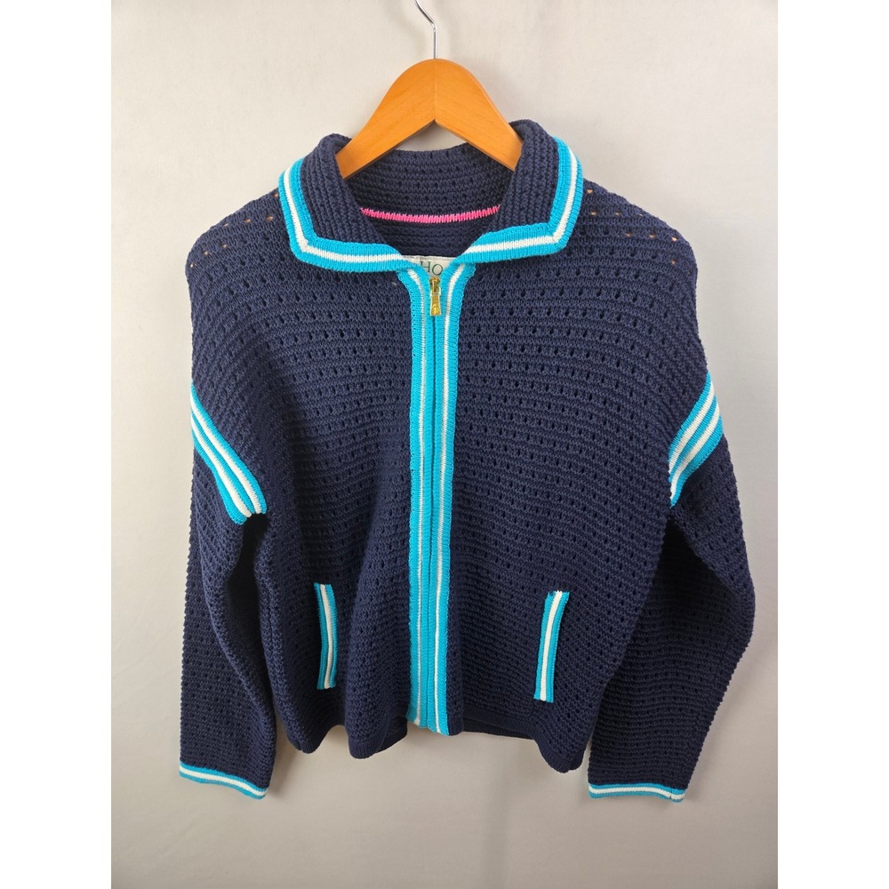 Clubhouse Isaac Mizrahi Live Cardigan Navy Blue Turquoise Zip Front Sweater Med